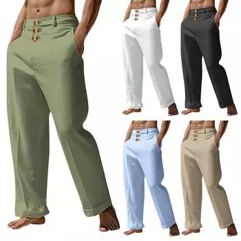 Мужские повседневные свободные и удобные повседневные брюки, хлопковые льняные брюки с пуговицами XXL бежевый