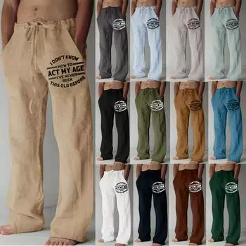 Мужские повседневные свободные и удобные повседневные брюки, хлопковые льняные брюки с принтом на шнуровке S темно-зеленого