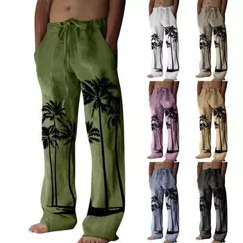 Мужские повседневные свободные и удобные повседневные брюки, хлопковые льняные брюки с принтом на шнуровке