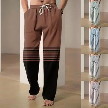 Мужские повседневные свободные и удобные повседневные брюки, хлопковые льняные брюки с принтом на шнуровке L кофейный