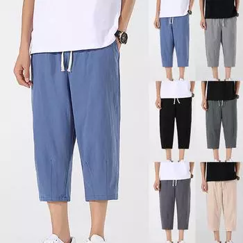 Мужские повседневные свободные и удобные повседневные брюки, хлопковые льняные брюки на шнуровке L чёрный