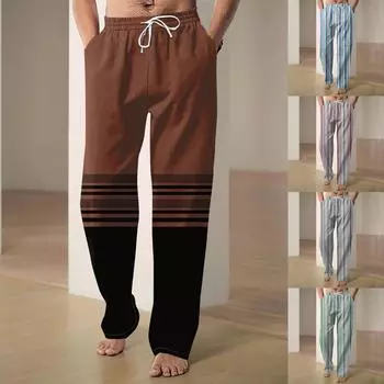 Мужские повседневные свободные и удобные повседневные брюки, хлопковые льняные брюки с принтом на шнуровке L кофейный