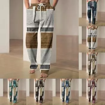 Мужские повседневные свободные и удобные повседневные брюки, хлопковые льняные брюки с принтом на шнуровке L синий