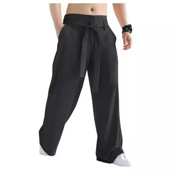 Мужские повседневные свободные и удобные повседневные брюки из хлопка и льна, однотонные брюки на шнурке M чёрный