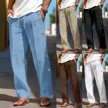 Мужские повседневные свободные и удобные повседневные брюки, хлопковые льняные брюки с пуговицами S хаки
