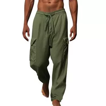 Мужские повседневные свободные и удобные повседневные брюки, хлопковые льняные брюки с принтом на шнуровке L бежевый