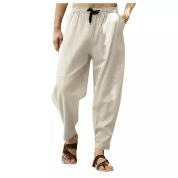 Мужские повседневные свободные и удобные повседневные брюки, хлопковые льняные брюки на шнуровке XXXXXL бежевый