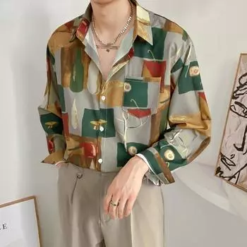 Мужские повседневные свободные мешковатые рубашки с длинным рукавом и цветочным принтом S