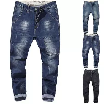 Мужские повседневные свободные однотонные эластичные джинсы и брюки L чёрный