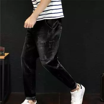 Мужские повседневные свободные однотонные эластичные джинсы и брюки S темно-синий