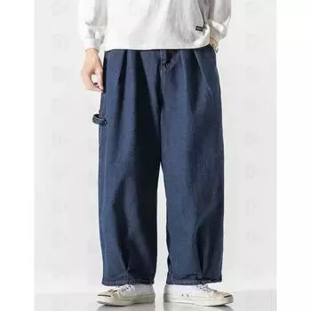 Мужские повседневные свободные однотонные брюки, хлопковые повседневные брюки, широкие брюки, джинсы L темно-синий