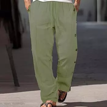 Мужские повседневные свободные однотонные брюки из хлопка и льна с несколькими пуговицами L армия зеленый