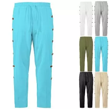 Мужские повседневные свободные однотонные брюки из хлопка и льна с несколькими пуговицами L армия зеленый