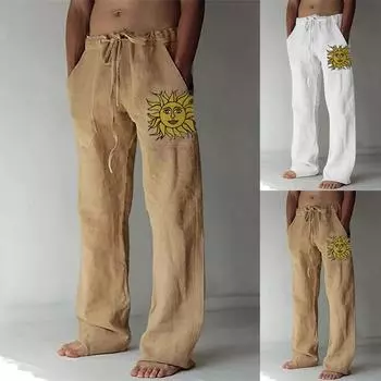 Мужские повседневные свободные однотонные хлопковые льняные брюки с принтом и эластичными брюками на шнурке XXL верблюд