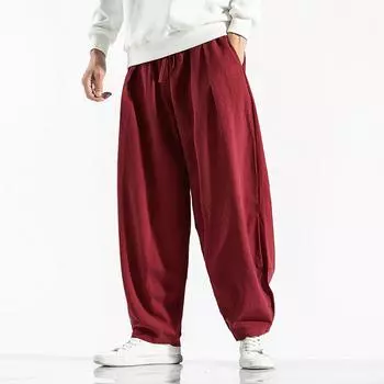 Мужские повседневные свободные однотонные льняные брюки, повседневные брюки из хлопка и льна, широкие брюки M чёрный