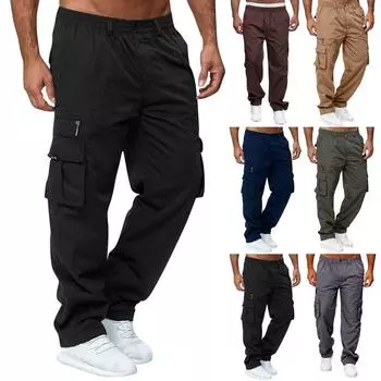 Мужские повседневные свободные прямые брюки с множеством карманов для работы, для активного отдыха, для фитнеса L