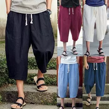 Мужские повседневные тонкие спортивные брюки, льняные брюки длиной до икры, мешковатые шаровары L чёрный