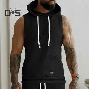 Мужские повседневные топы, спортивный стиль, жаккардовый вязаный жилет с капюшоном и передним карманом, однотонная футболка без рукавов, одежда для фитнеса XXL чёрный