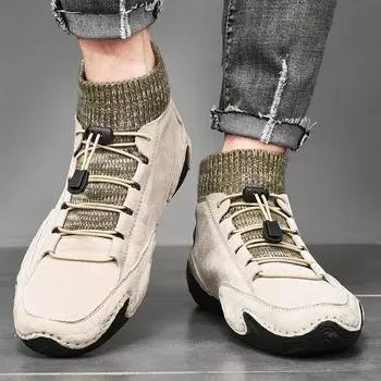 Мужские повседневные туфли для вождения, широкие бежевые туфли на плоской подошве, большие размеры, походная обувь с высоким берцем, обувь ручной работы для отца EU: 38 чёрный