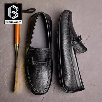 Мужские повседневные туфли из натуральной воловьей кожи, модные туфли Doudou с мягкой подошвой и одной педалью, универсальные туфли для вождения из мягкой кожи 38 чёрный