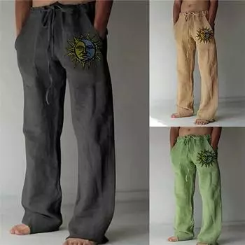 Мужские прямые брюки, новые молодежные, трехцветные, с принтом подсолнечника, хлопковые и льняные, свободные, повседневные брюки на шнурке S белый