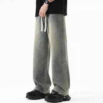 Мужские прямые джинсы, повседневные свободные винтажные джинсы с поясом XS