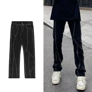 Мужские прямые джинсы в европейском и американском стиле с ретро-строчкой, свободный дизайн, нишевые жареные уличные брюки 2XL