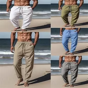 Мужские прямые льняные однотонные брюки-чинос с завязками на шнурке и прорезными карманами, дышащие, повседневные, на каждый день S белый