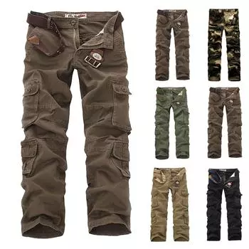 Мужские прямые рабочие брюки повседневные брюки однотонные камуфляжные комбинезоны с карманами на поясе 34 чёрный