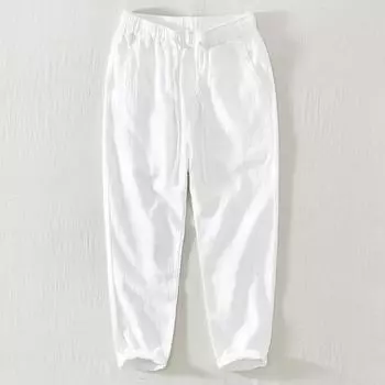 Мужские прямые свободные брюки из хлопка и льна, укороченные брюки, тонкие повседневные брюки на эластичной резинке с кулиской XXXXL белый