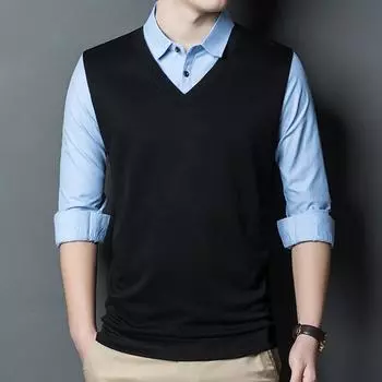 Мужские пуловеры Поддельные 2-х частей свитер с длинным рукавом Деловые свитера M серый