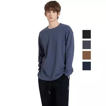 Мужские пуловеры с длинными рукавами, рубашки, вафельные однотонные футболки с круглым вырезом, удобные свободные топы, осень-весна, повседневная повседневная праздничная одежда M темно-синий