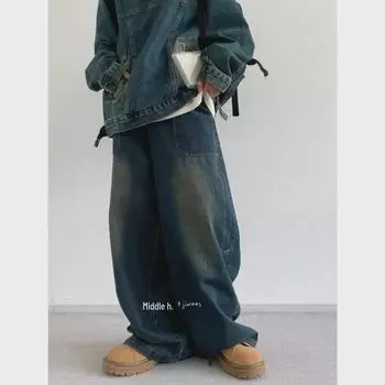 Мужские японские ретро-джинсы с широкими штанинами — свободные, прямые, модные повседневные брюки L