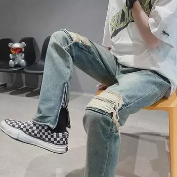 Мужские японские ретро-рваные широкие джинсы с разрезами синий