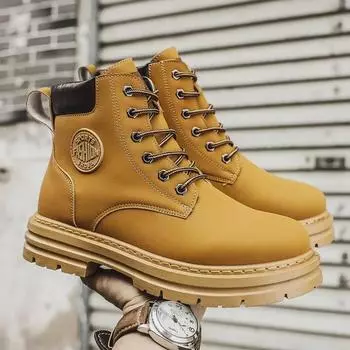 Мужские рабочие ботинки Martin в ретро-британском стиле с высоким берцем и толстой подошвой — нескользящие, пустынно-желтые. 39