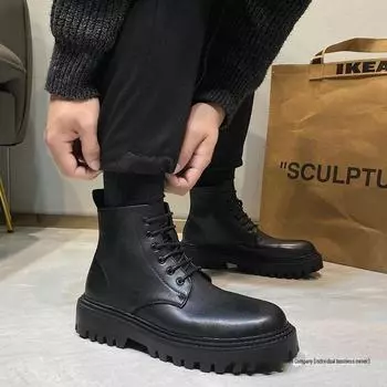 Мужские рабочие ботинки на шнуровке в стиле ретро — средней высоты, в британском и корейском стиле, с машинной строчкой 12511 39 чёрный