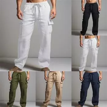 Мужские рабочие брюки из хлопка и льна, летние брюки с завязками, много карманов, прямые, простые, удобные, дышащие, повседневные брюки для активного отдыха S белый