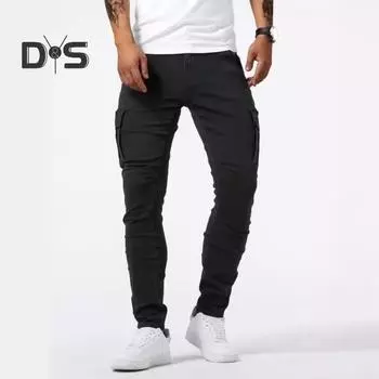 Мужские рабочие брюки с усиленными карманами, эластичная ткань, однотонные, с несколькими карманами, облегающие, повседневные, для отпуска, путешествий, длинные брюки S чёрный