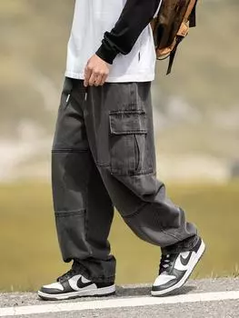 Мужские рабочие джинсы с 3D-карманом-гармошкой - осень 2024 г., брюки со складками и разрезами. XXL синий