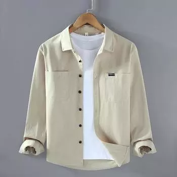 Мужские рабочие топы в японском стиле, весна-лето, с длинным рукавом, из чистого хлопка, приталенные однотонные рубашки с двойными карманами M хаки