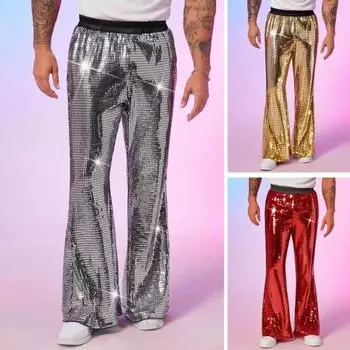 Мужские расклешенные брюки с пайетками, блестящие брюки в стиле хип-хоп-диско, широкие брюки в стиле ретро с эластичной резинкой на талии для выступлений на сцене, ночных клубов, баров, танцев S красный