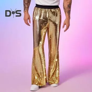 Мужские расклешенные брюки с пайетками, блестящие брюки в стиле хип-хоп-диско, широкие брюки в стиле ретро с эластичной резинкой на талии для выступлений на сцене, ночных клубов, баров, танцев S красный