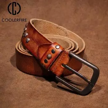 Мужские ремни из 100% натуральной кожи, ремень из овьей кожи, повседневный ремень с заклепками в стиле панк для джинсов, пряжка для джинсов, дизайнерский ремень для мужчин TM086 China&95CM красно-коричневый