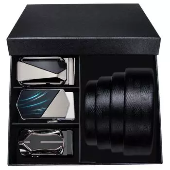 Мужские ремни из черной натуральной кожи с 3 металлическими автоматическими пряжками, ремни в упаковке, мужские подарки 110cm/43in чёрный