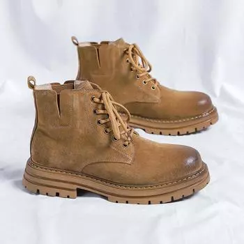 Мужские ретро-ботинки с высоким верхом, зимние ботинки с толстой подошвой, нескользящие, теплые, повседневные, зимние ботинки из кожи, на шнуровке, с большой головой 6.5
