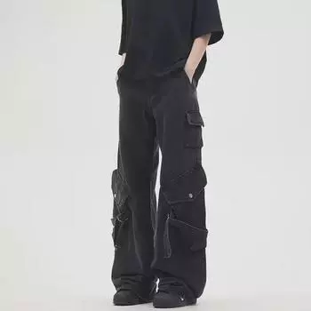 Мужские ретро-джинсы черного цвета с потертостями и множеством карманов для работы в стиле рабочей одежды в американском уличном стиле. M чёрный