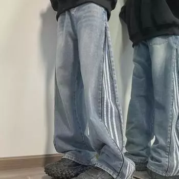 Мужские ретро-джинсы в стиле хип-хоп с широкими штанинами и тремя полосками Large синий