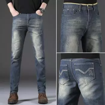 Мужские ретро-кошачьи усы, прямые свободные джинсы со средней талией, модные мужские длинные брюки 28 темно-синий