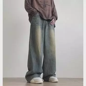 Мужские ретро-синие потертые широкие джинсы - прямой фасон Cleanfit для весны и осени S синий