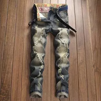 Мужские ретро-стиранные рваные джинсы, неэластичные, европейский и американский стиль, универсальные 40 (32 waist) 107.5 kg